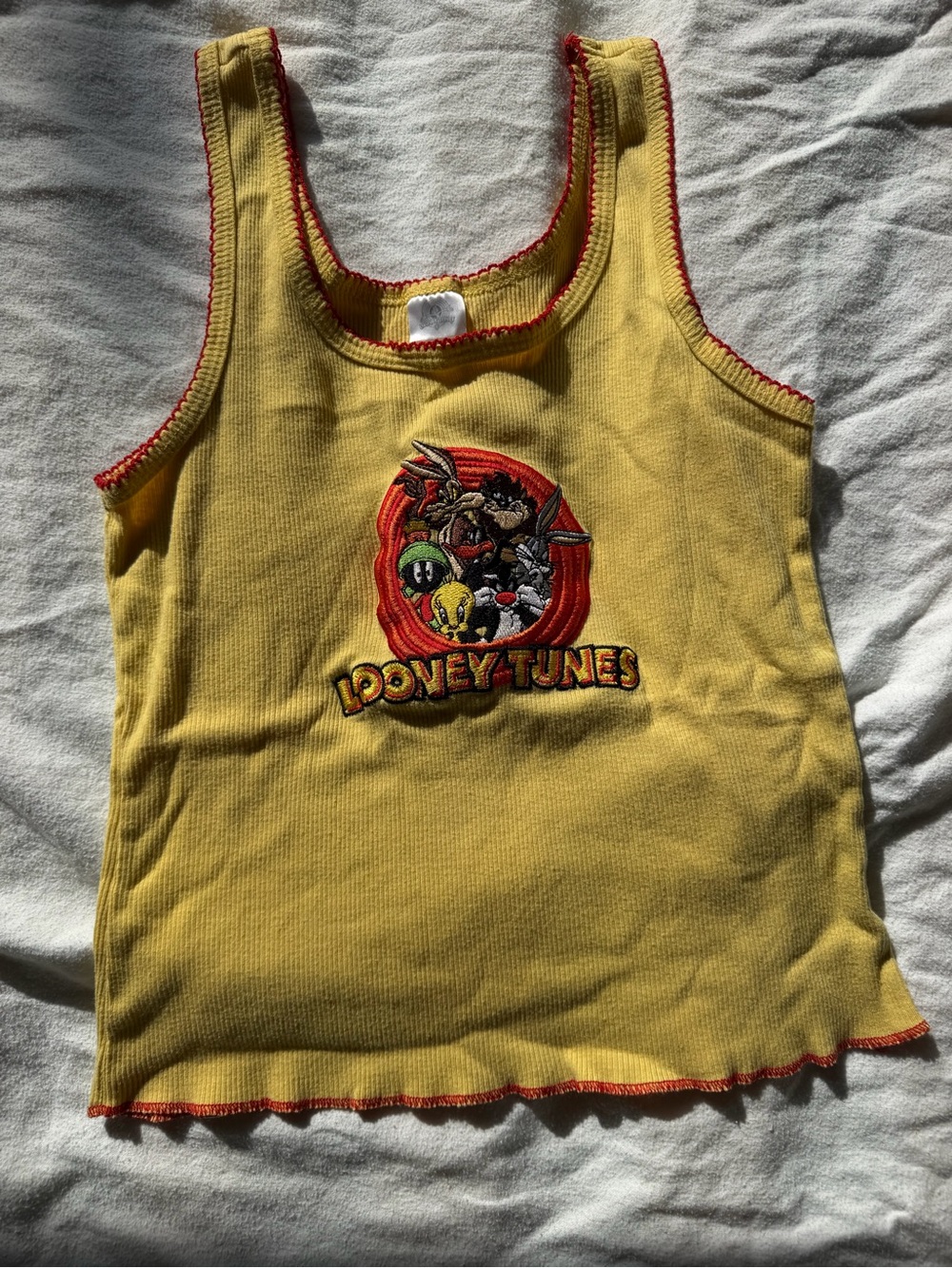 Looney Tunes Tank Top Yellow with Embroidered Cartoon Characters L
